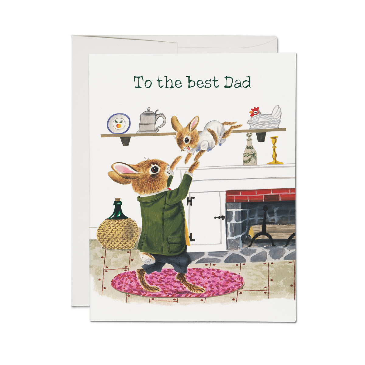 Father's Day card with illustration of a rabbit and a child rabbit playing in a rustic kitchen, with text 'To the best Dad'.
