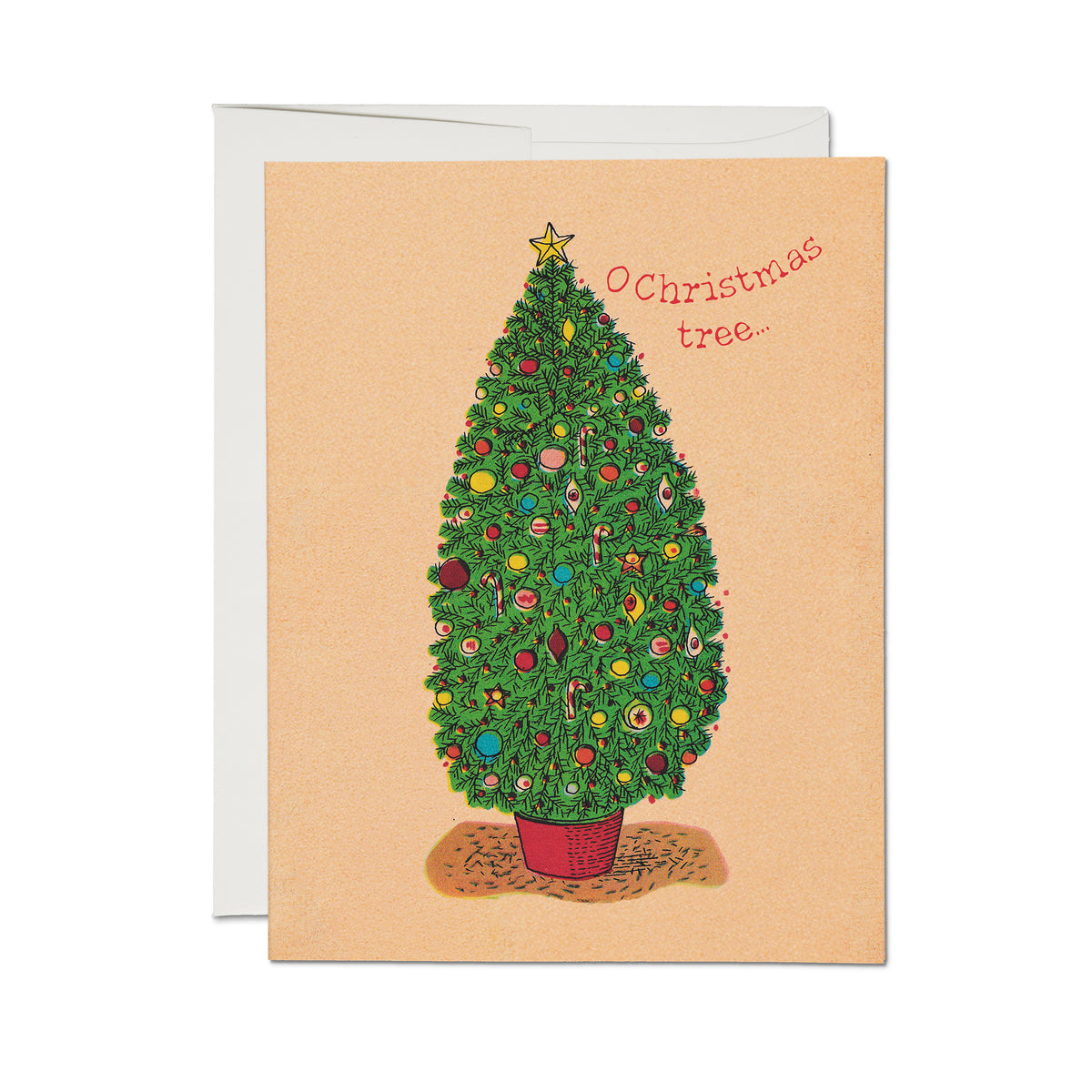 Christmas card with a decorated tree illustration and text 'O Christmas Tree...'