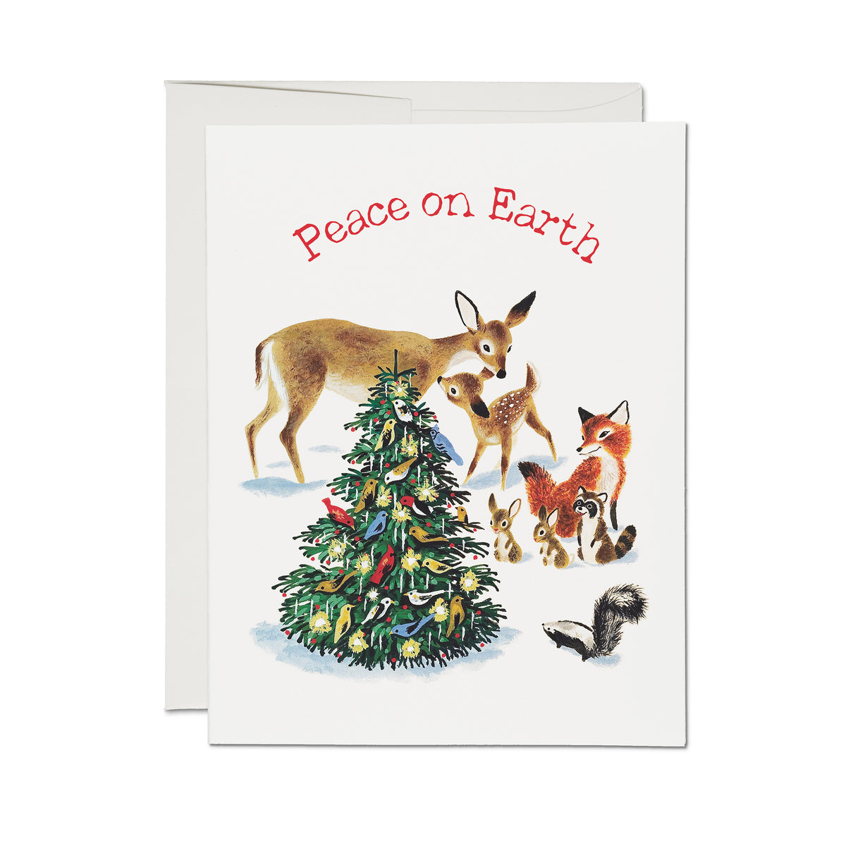 Christmas card with woodland animals around a decorated tree and 'Peace on Earth' text on white background.