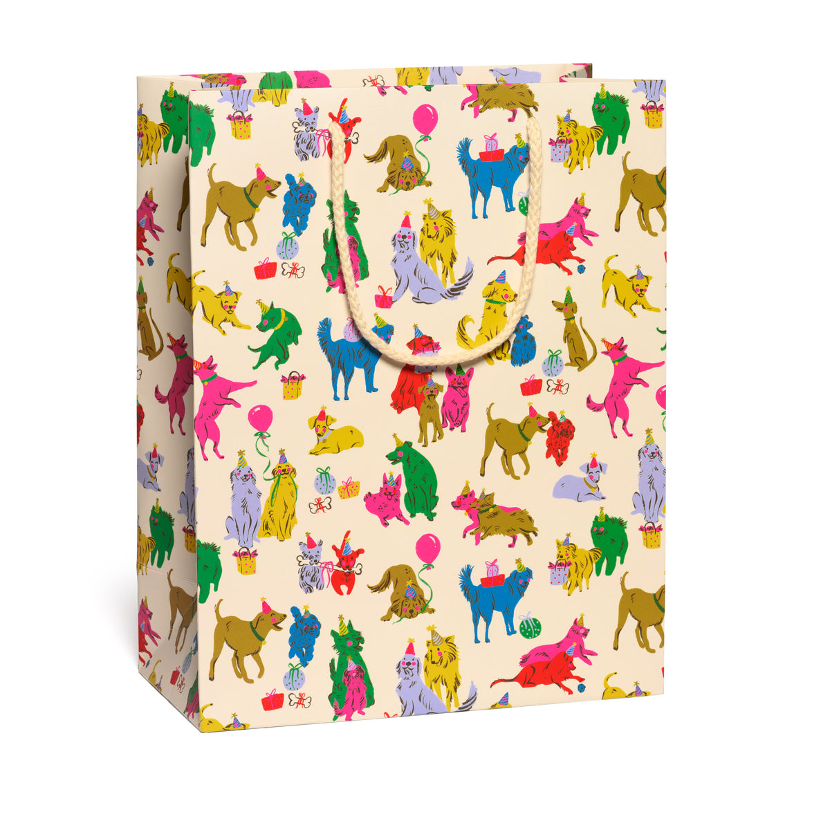 Large Gift bag with colorful dog pattern on a white background.