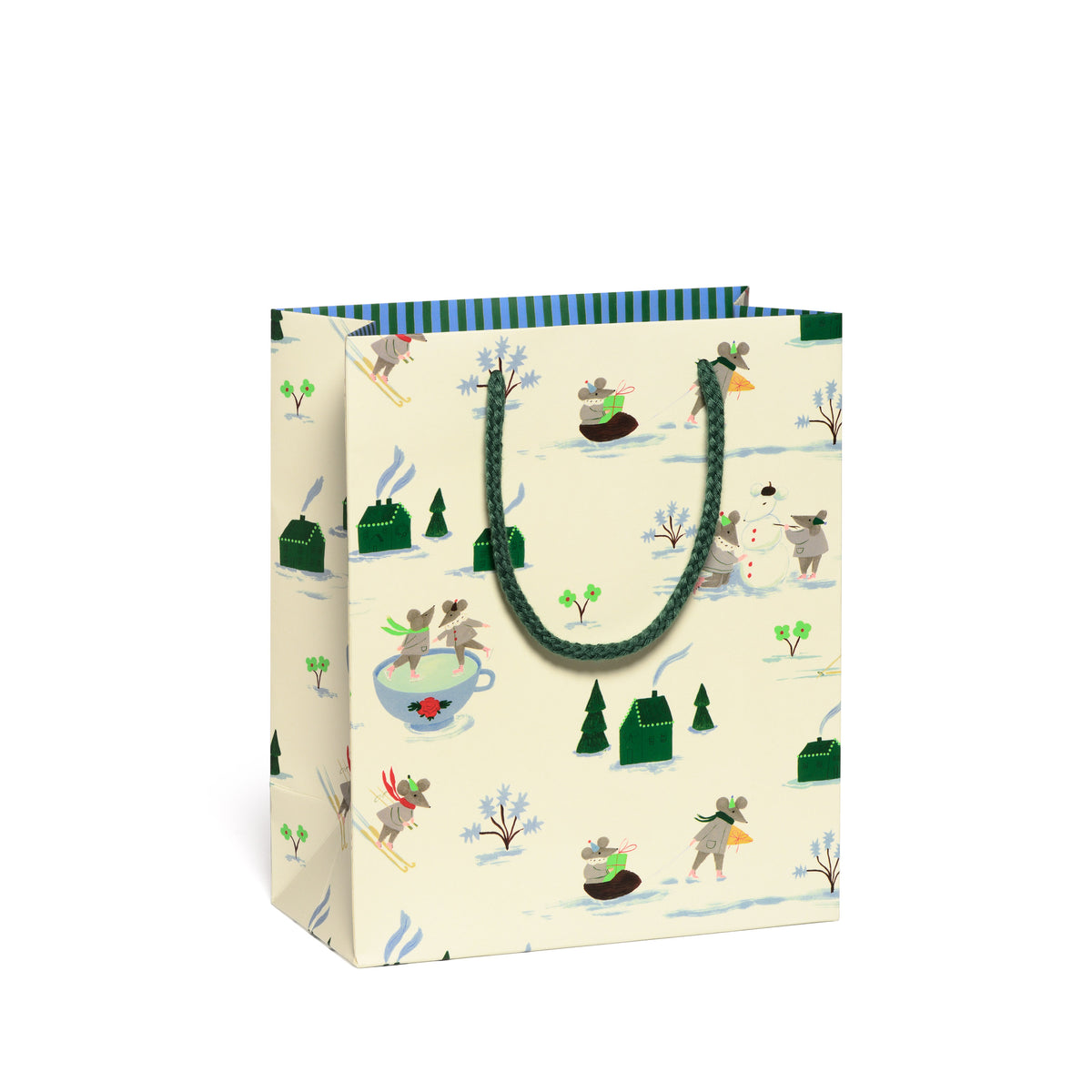 Medium Holiday gift bag with winter snow themes and cartoon mice on a tan background and green rope handle.