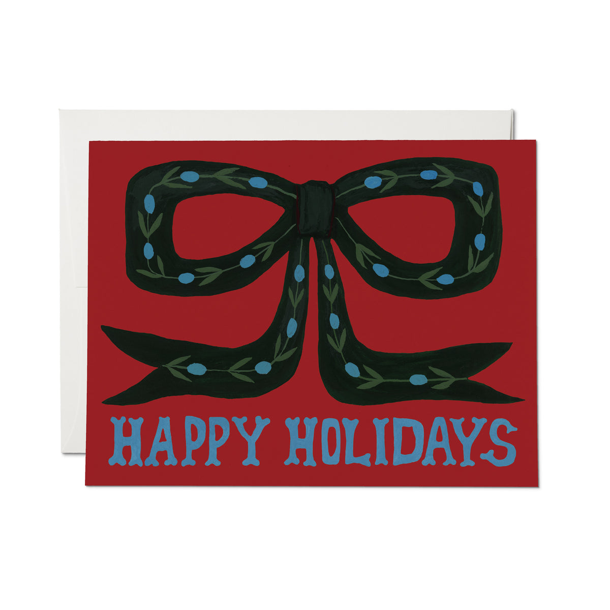 'Happy Holidays' card with green bow decorated with blue berries and leaves on red background.