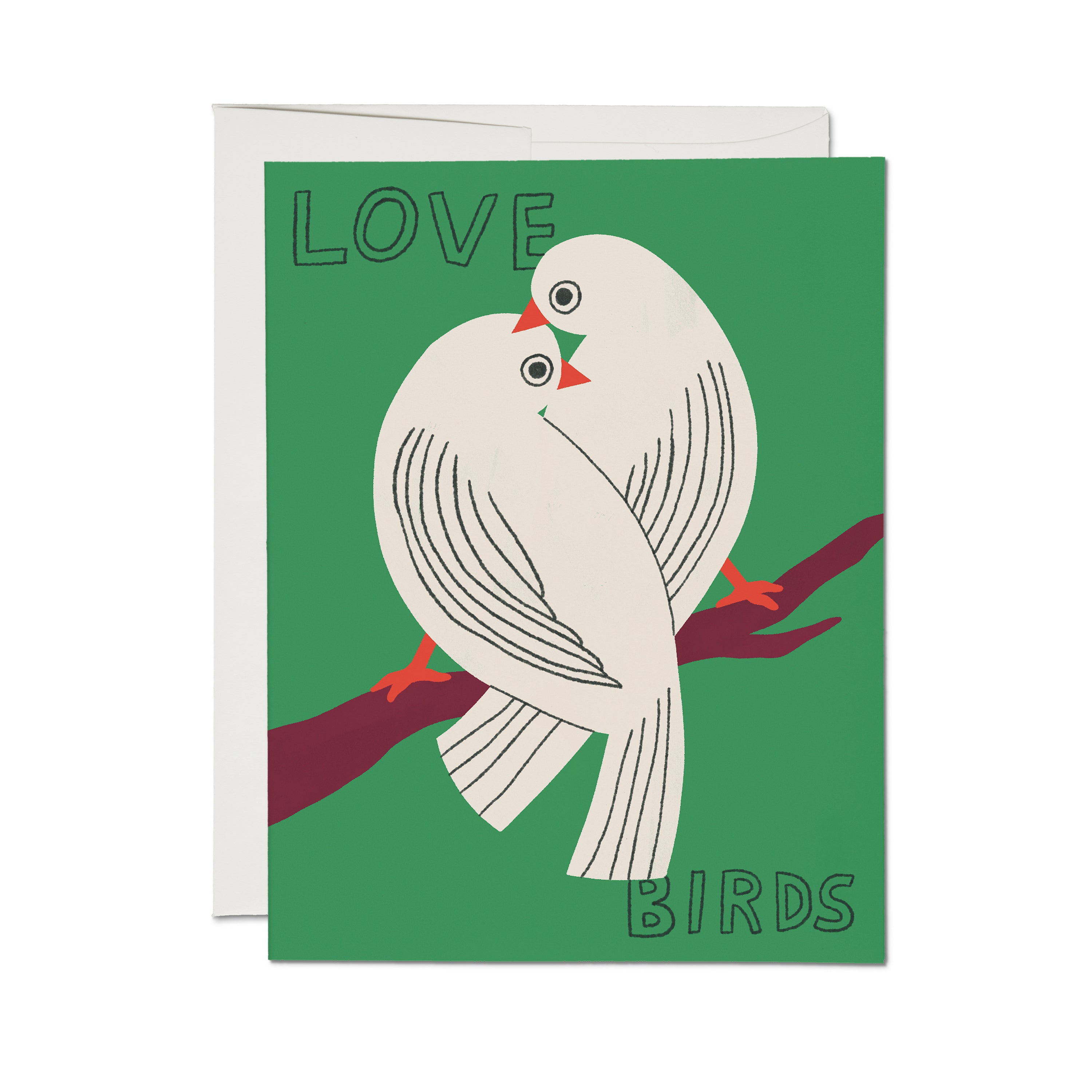 Greeting card with illustrated intertwined doves on a tree branch with "LOVE BIRDS" text on green background.