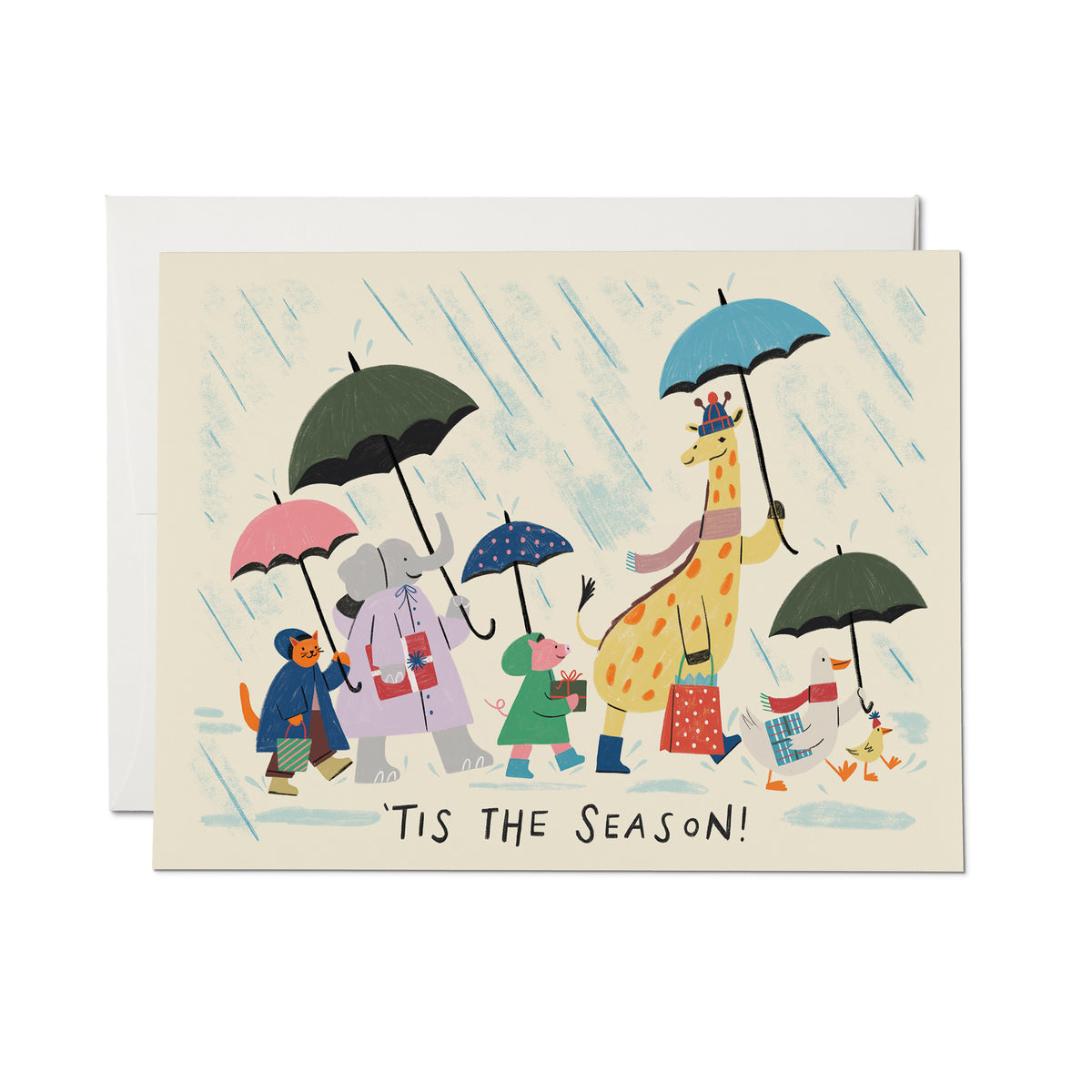Greeting card with a whimsical illustration of animals walking in the rain under umbrellas, with the text 'TIS THE SEASON!' 