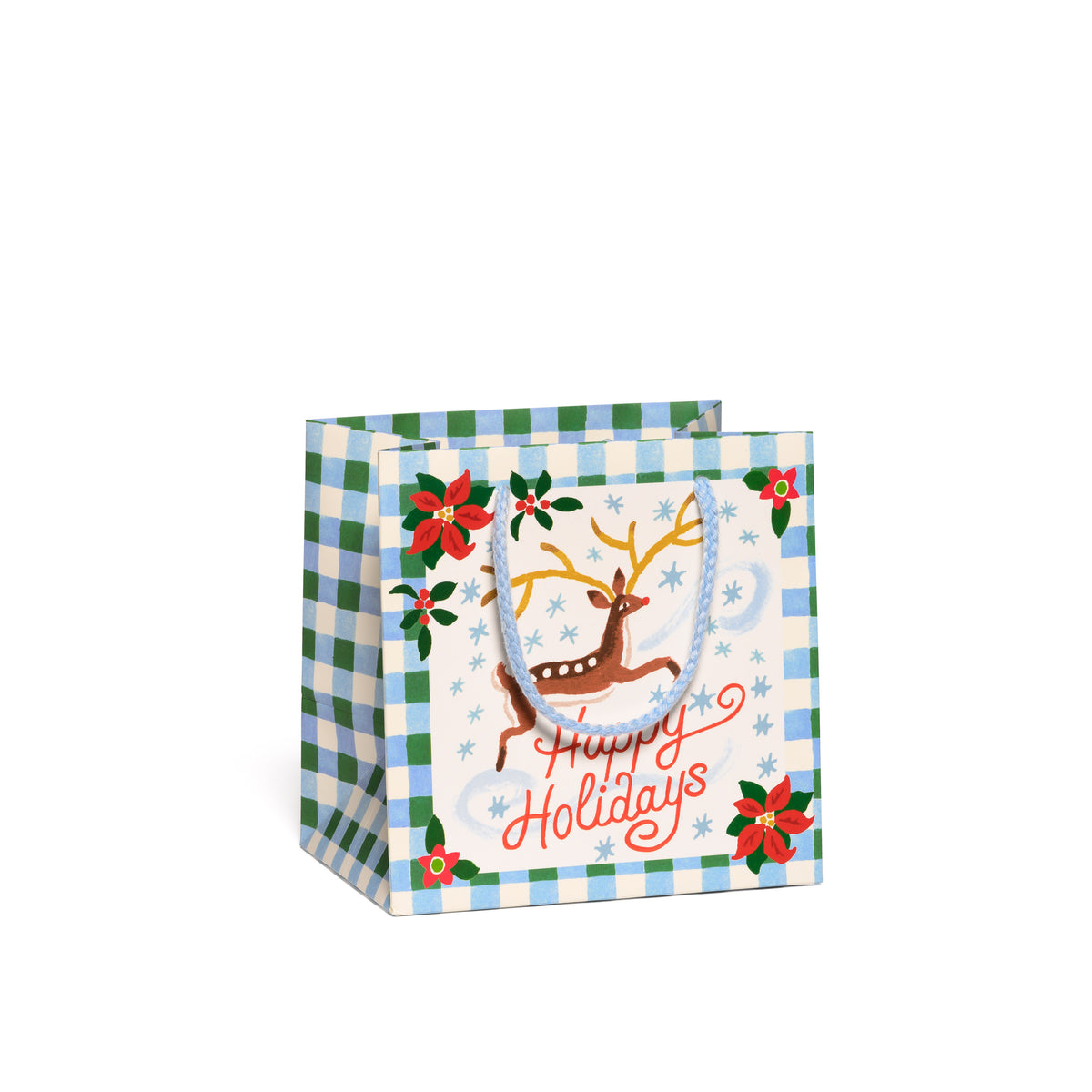 Christmas-themed gift bag with reindeer and 'Happy Holidays' text on a white background.