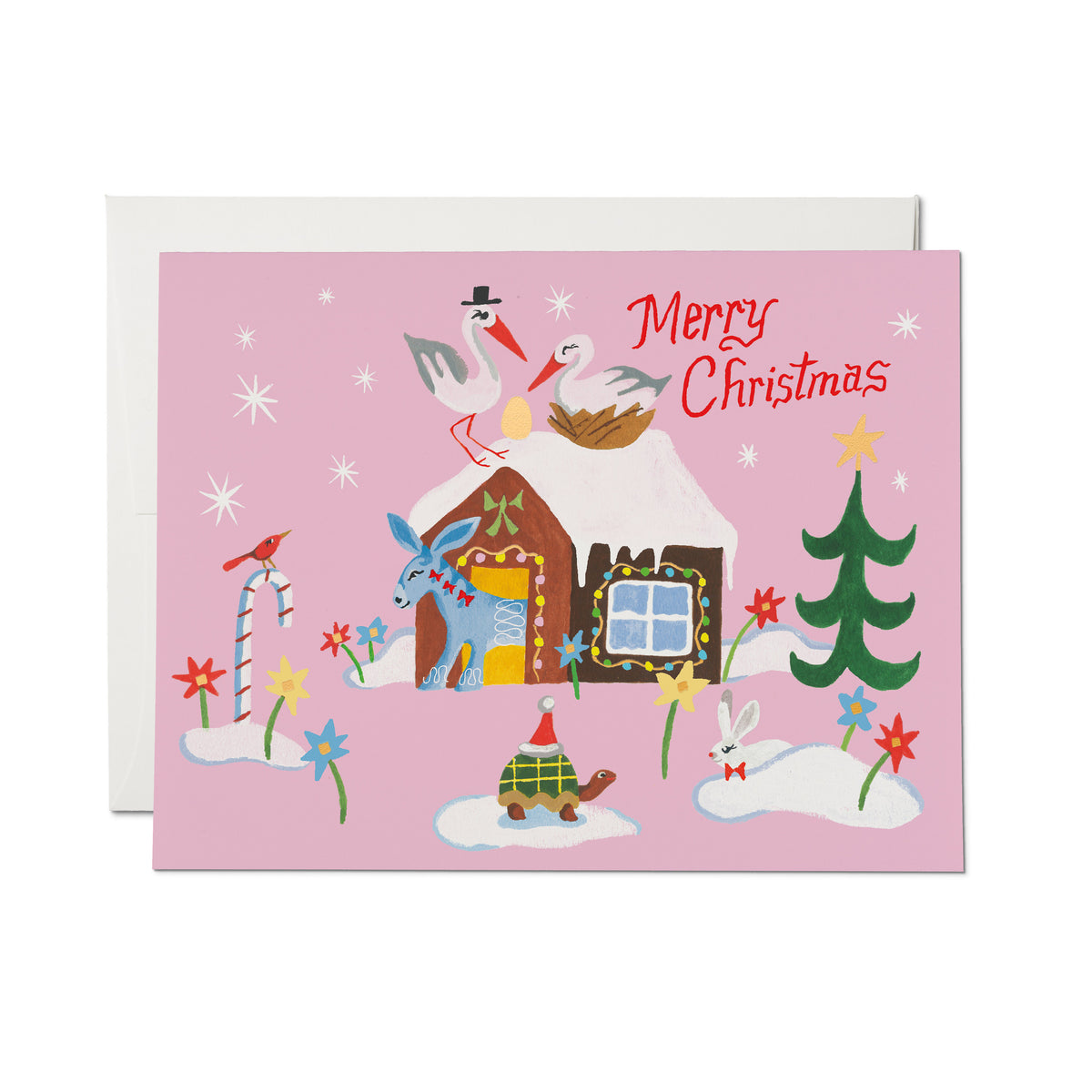 Pink Christmas greeting card with winter holiday illustrations of storks, a house, tree, flowers, and 'Merry Christmas' text.