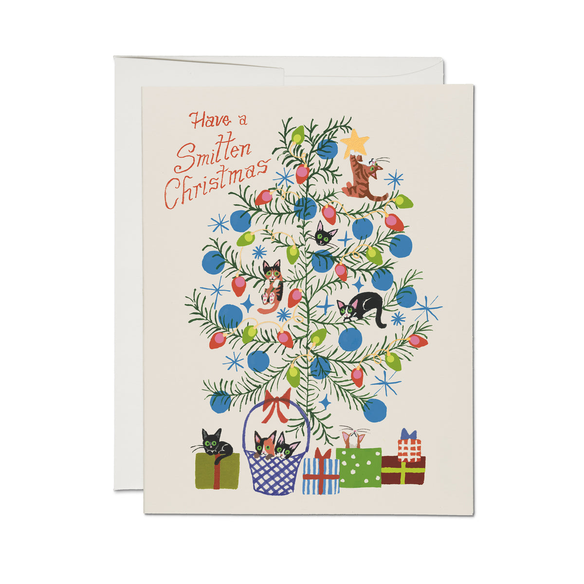 Christmas card with a tree decorated with colorful lights, cats, presents and "Have a Smitten Christmas" text.