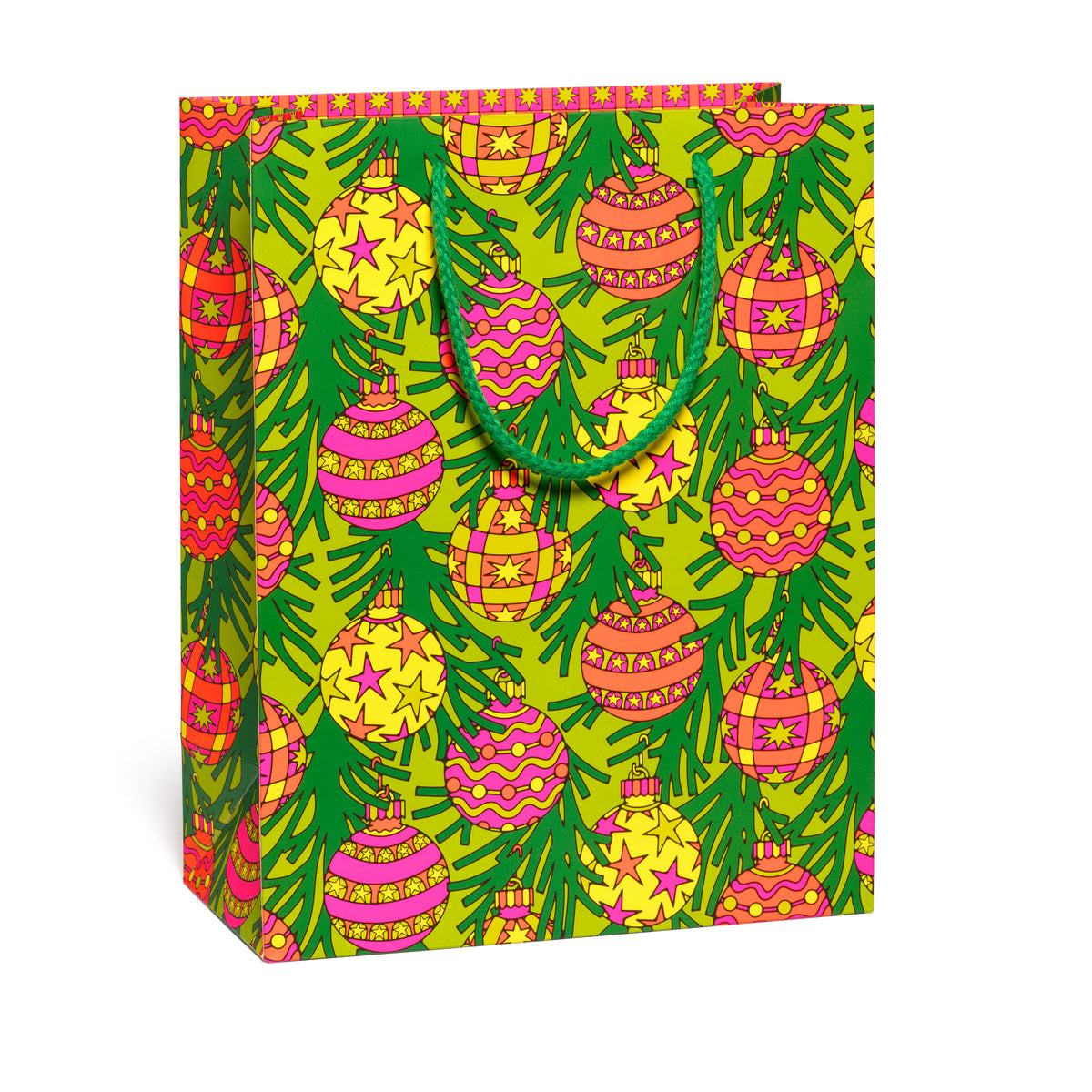 Colorful gift bag with Christmas tree  and ornaments pattern on a white background.