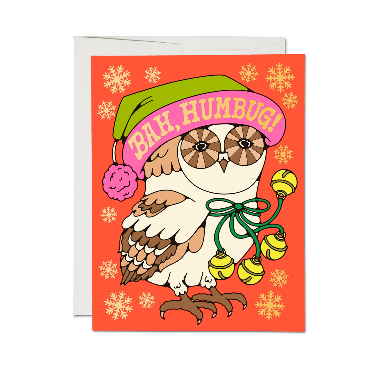 Art deco greeting card with geometric cartoon owl with bells, snowflakes and a pink hat with 'Bah, Humbug!' text.