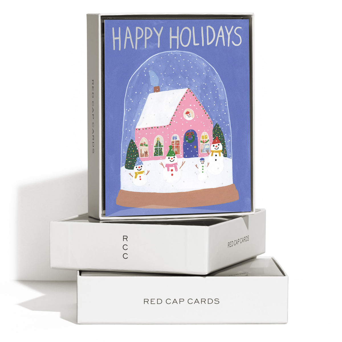 Boxed set of 8 cards with illustrated snowmen family in a snow globe with 'Happy Holidays' text on blue background.