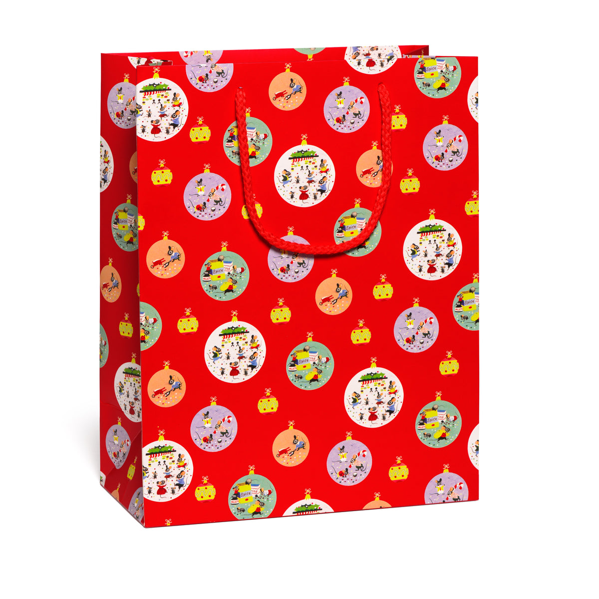 Red gift bag with colorful Christmas-themes in different ornament baubles design on a white background.