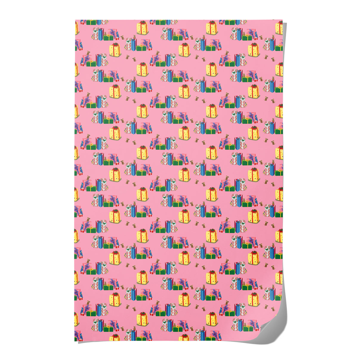 Pink gift wrap with pattern of illustrated presents and ribbon on a white background.