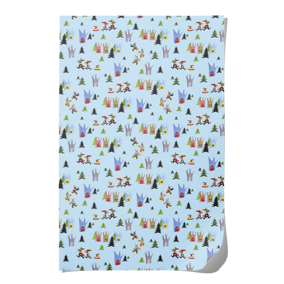 A sheet of wrapping paper with a light blue background and a repeating whimsical pattern of cartoon rabbits and trees.