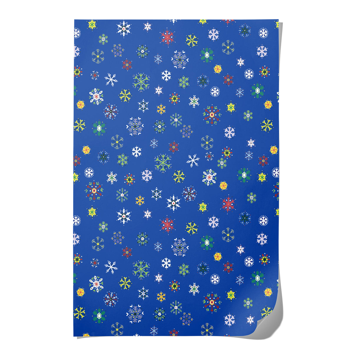 Blue wrapping paper with multicolor snowflake design on white background.