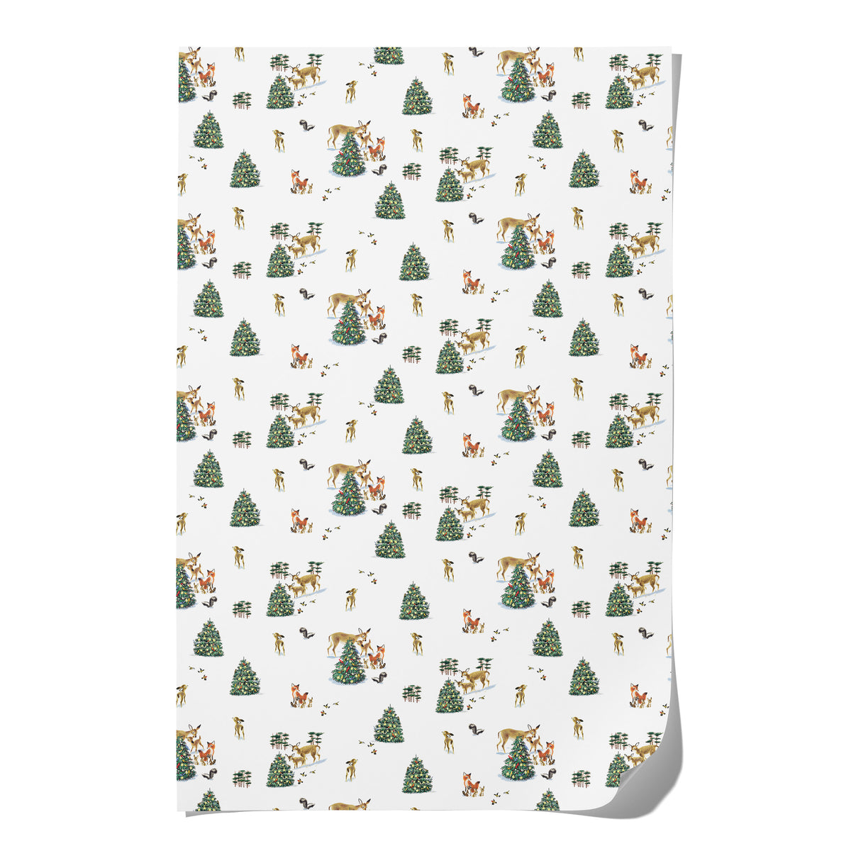 Wrapping paper with illustrated woodland snowy scene with Christmas tree and deer, foxes and skunks on white background.