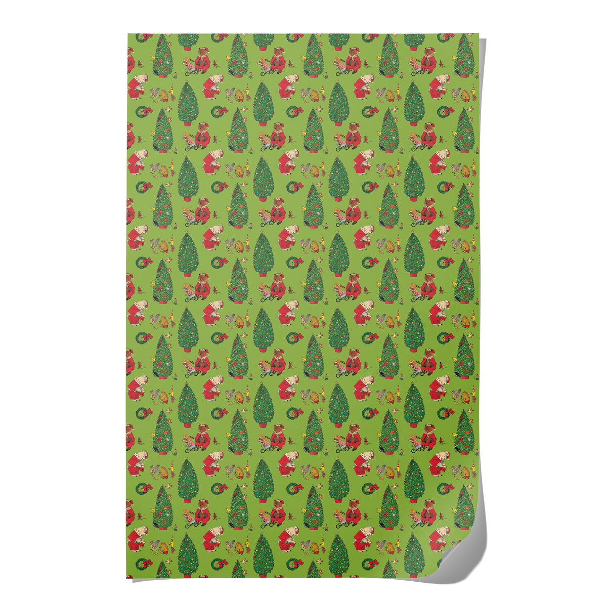 Single sheet of green wrapping paper with holiday themed pattern of cartoon Christmas trees, woodland creatures and bears dressed as Santa.