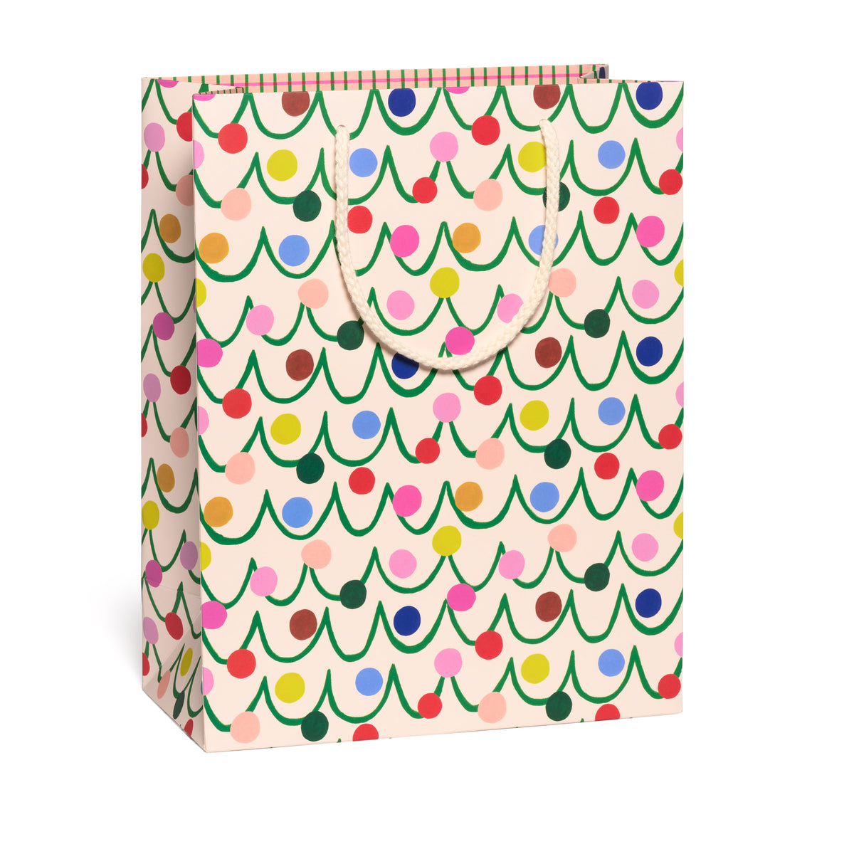 Large Gift bag with colorful Christmas tree and polka dot pattern on a white background.