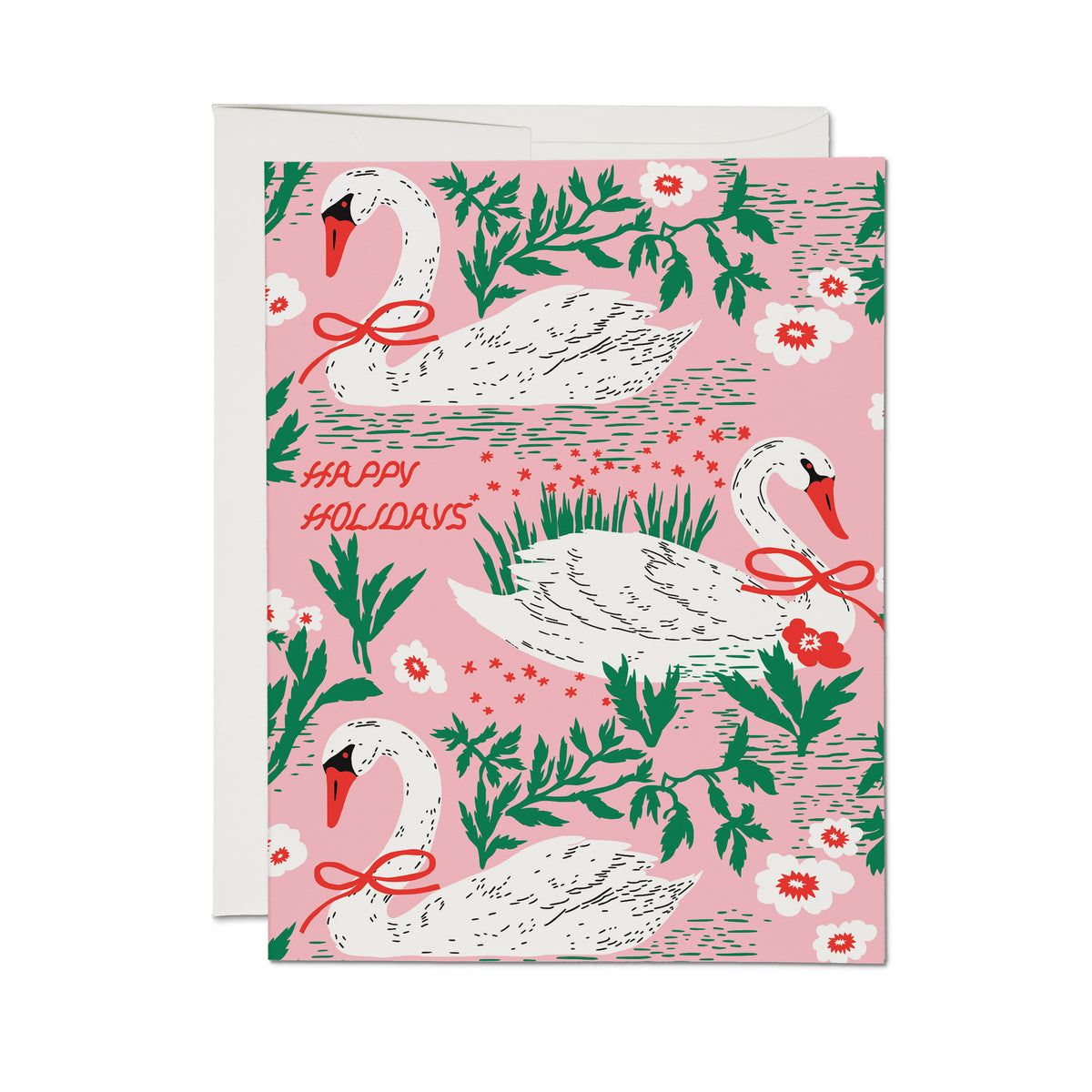 Christmas card with 3 illustrated white swans wearing red bows in a pink body of water with lilies and 'Happy Holidays' text.