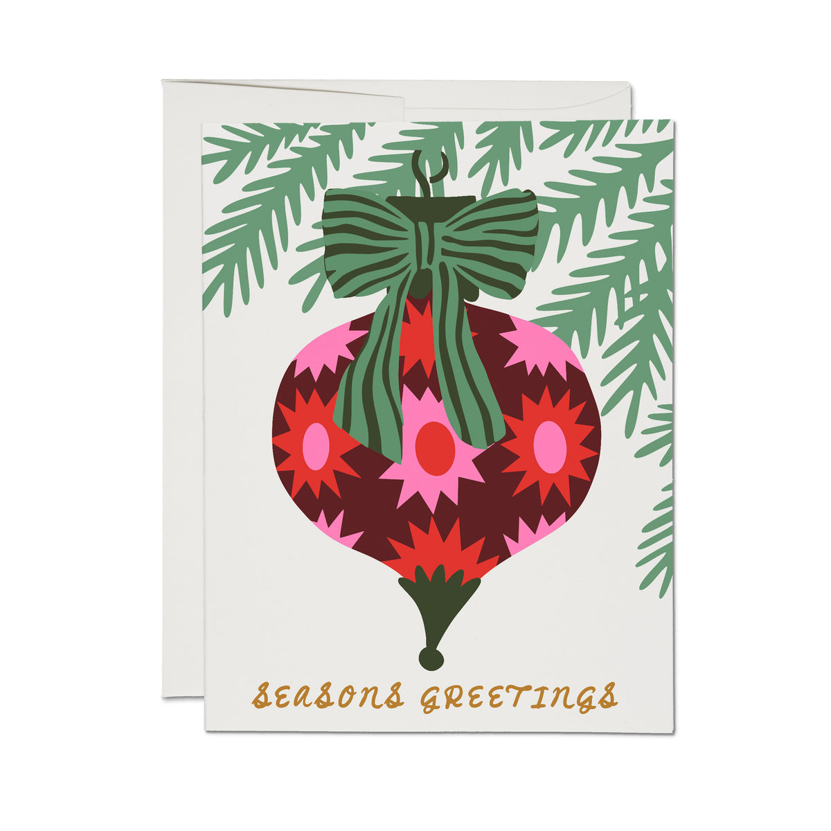Christmas card with illustrated colorful geometric tree ornament on green branch with 'Seasons Greetings' gold text.