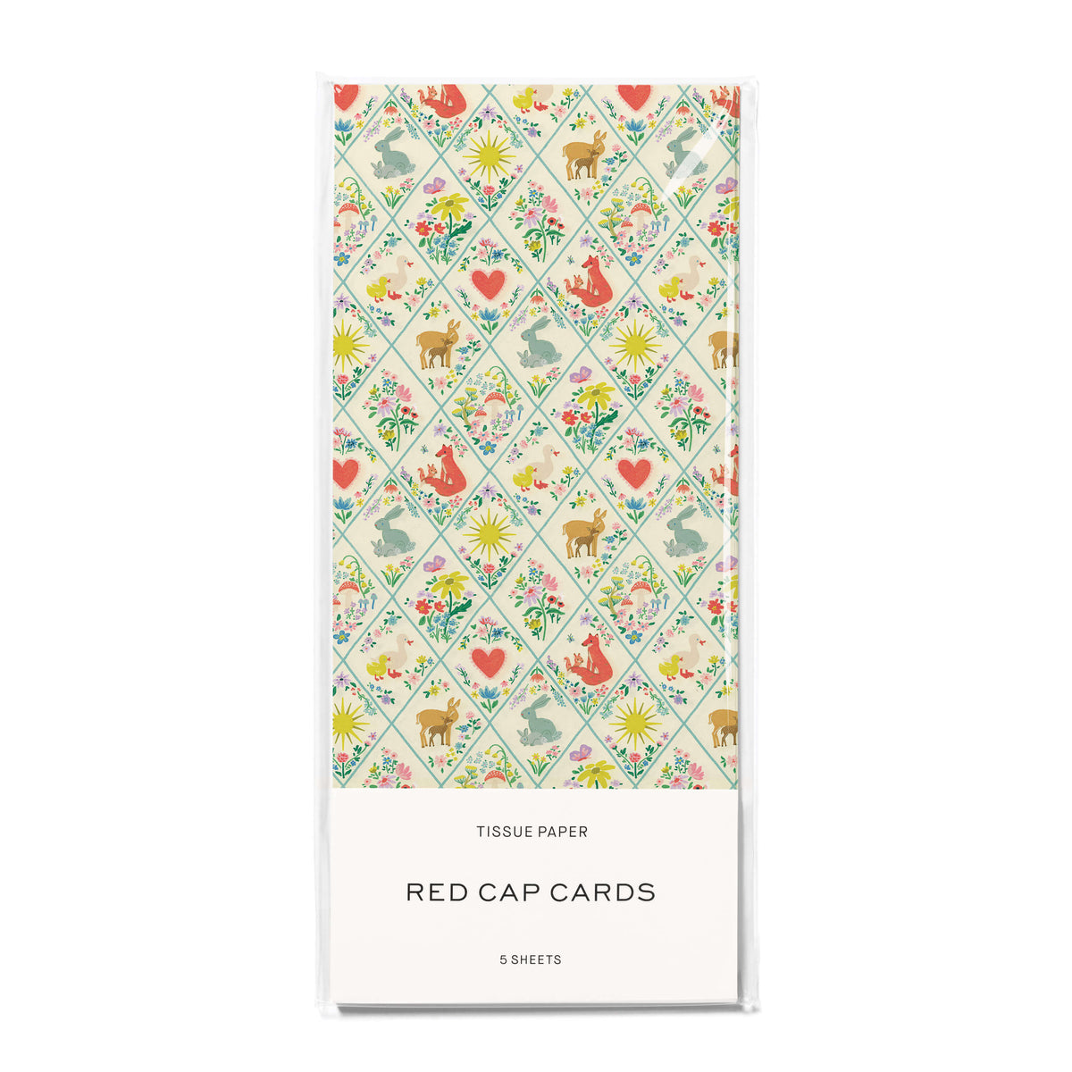 Tissue paper with illustrated woodland critters quilted design on a white background.